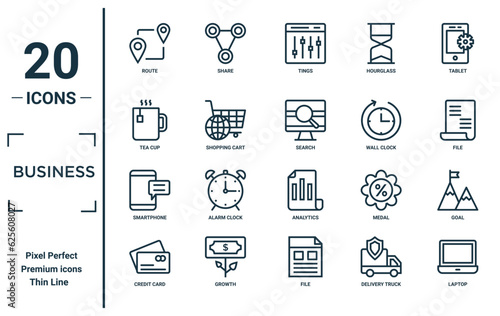 Fototapeta Naklejka Na Ścianę i Meble -  business linear icon set. includes thin line route, tea cup, smartphone, credit card, laptop, search, goal icons for report, presentation, diagram, web design
