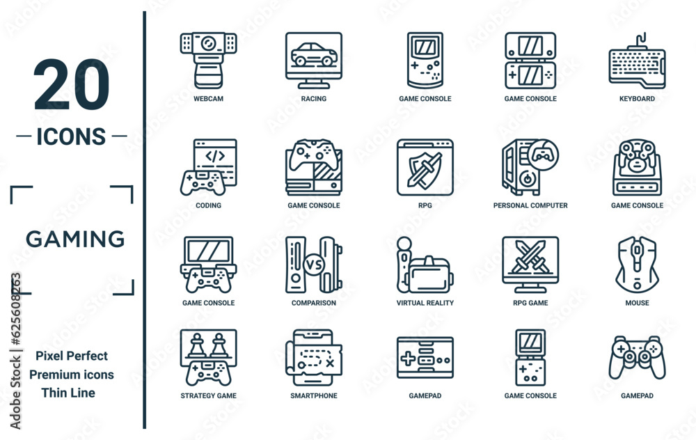 gaming linear icon set. includes thin line webcam, coding, game console, strategy game, gamepad, rpg, mouse icons for report, presentation, diagram, web design