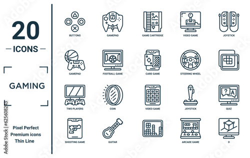 gaming linear icon set. includes thin line buttons, gamepad, two players, shooting game, d, card game, quiz icons for report, presentation, diagram, web design