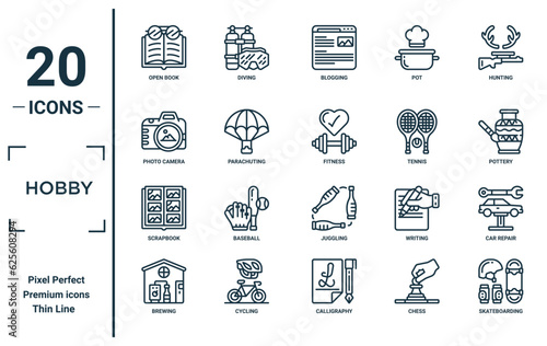 hobby linear icon set. includes thin line open book, photo camera, scrapbook, brewing, skateboarding, fitness, car repair icons for report, presentation, diagram, web design