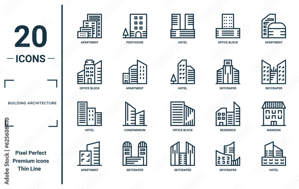 building architecture linear icon set. includes thin line apartment, office block, hotel, apartment, hotel, hotel, mansion icons for report, presentation, diagram, web design