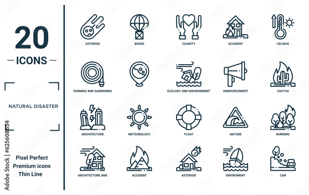 natural disaster linear icon set. includes thin line asteroid, farming and gardening, architecture, architecture and city, car, ecology and environment, burning icons for report, presentation,