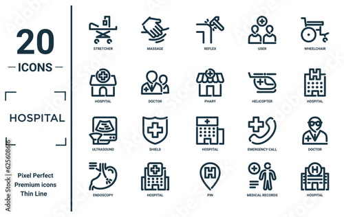 hospital linear icon set. includes thin line stretcher, hospital, ultrasound, endoscopy, hospital, phary, doctor icons for report, presentation, diagram, web design