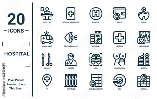 hospital linear icon set. includes thin line reception, ambulance, surgery, pin, hospital, medicine, hospital icons for report, presentation, diagram, web design