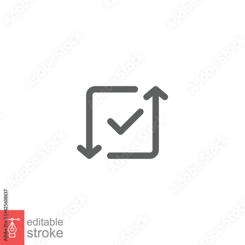 Checkmark like cash flow icon. Simple outline style. Easy payment, convenient, arrow cycle, auto concept. Thin line symbol. Vector illustration isolated on white background. Editable stroke EPS 10.