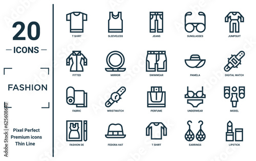 fashion linear icon set. includes thin line t shirt, fitted, fabric, fashion de, lipstick, swimwear, model icons for report, presentation, diagram, web design