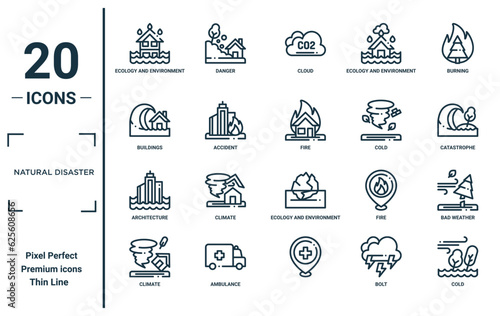 natural disaster linear icon set. includes thin line ecology and environment, buildings, architecture, climate, cold, fire, bad weather icons for report, presentation, diagram, web design
