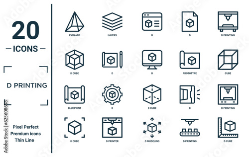 d printing linear icon set. includes thin line pyramid, d cube, blueprint, d cube, cube, printing icons for report, presentation, diagram, web design