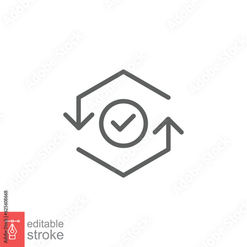 Checkmark like cash flow icon. Simple outline style. Easy payment, convenient, arrow cycle, auto concept. Thin line symbol. Vector illustration isolated on white background. Editable stroke EPS 10.