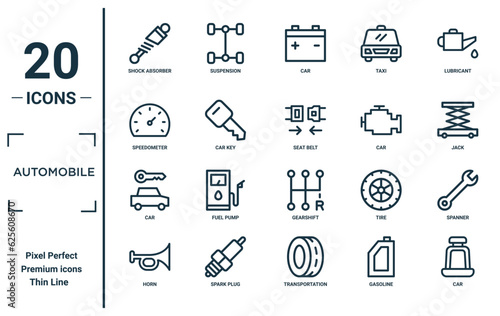 automobile linear icon set. includes thin line shock absorber, speedometer, car, horn, car, seat belt, spanner icons for report, presentation, diagram, web design