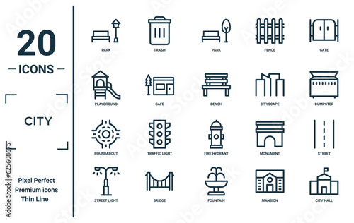 city linear icon set. includes thin line park, playground, roundabout, street light, city hall, bench, street icons for report, presentation, diagram, web design