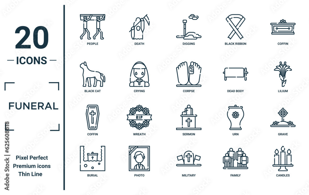 funeral linear icon set. includes thin line people, black cat, coffin, burial, candles, corpse, grave icons for report, presentation, diagram, web design