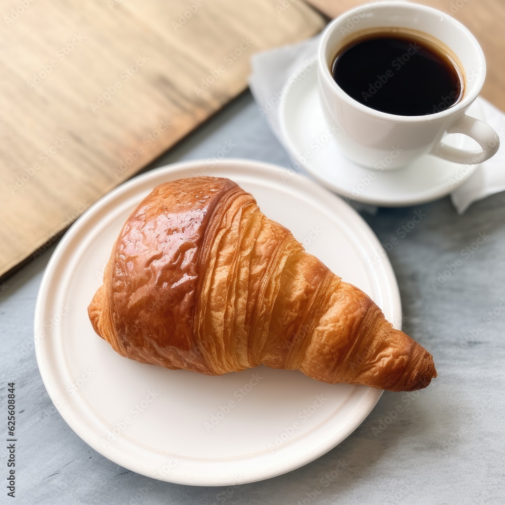 Breakfast image of croissant bread and hot black coffee in the morning atmosphere. Breakfast image of croissant bread and hot black coffee in the morning atmosphere.