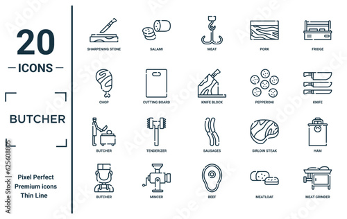 butcher linear icon set. includes thin line sharpening stone, chop, butcher, butcher, meat grinder, knife block, ham icons for report, presentation, diagram, web design