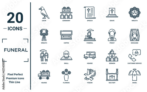funeral linear icon set. includes thin line crow, wreath, people, hearse, angel, funeral, customer service icons for report, presentation, diagram, web design