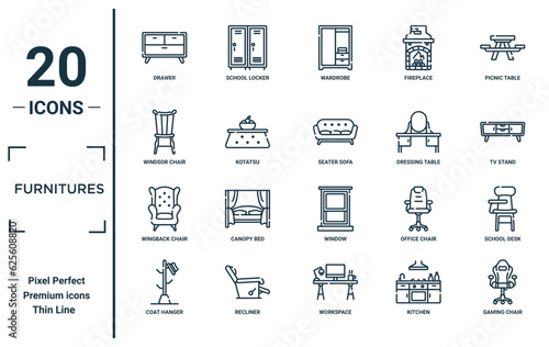 furnitures linear icon set. includes thin line drawer, windsor chair, wingback chair, coat hanger, gaming chair, seater sofa, school desk icons for report, presentation, diagram, web design