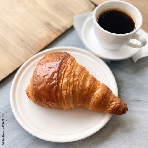 Breakfast image of croissant bread and hot black coffee in the morning atmosphere.