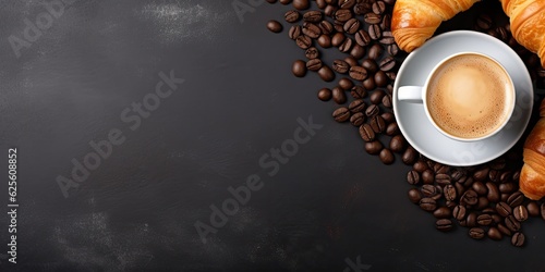 banners for background with coffee and coffee beans on croissants and baked bread. Free space for text.
