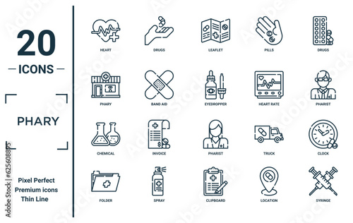 phary linear icon set. includes thin line heart, phary, chemical, folder, syringe, eyedropper, clock icons for report, presentation, diagram, web design