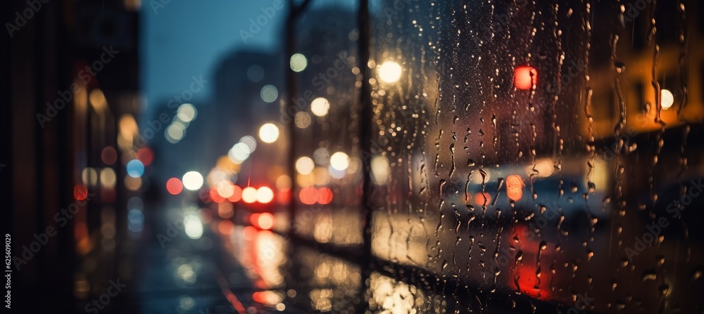 Fototapeta premium Night rainy city street bokeh background. generative AI technology.