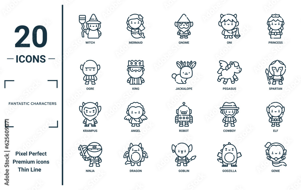 fantastic characters linear icon set. includes thin line witch, ogre, krampus, ninja, genie, jackalope, elf icons for report, presentation, diagram, web design