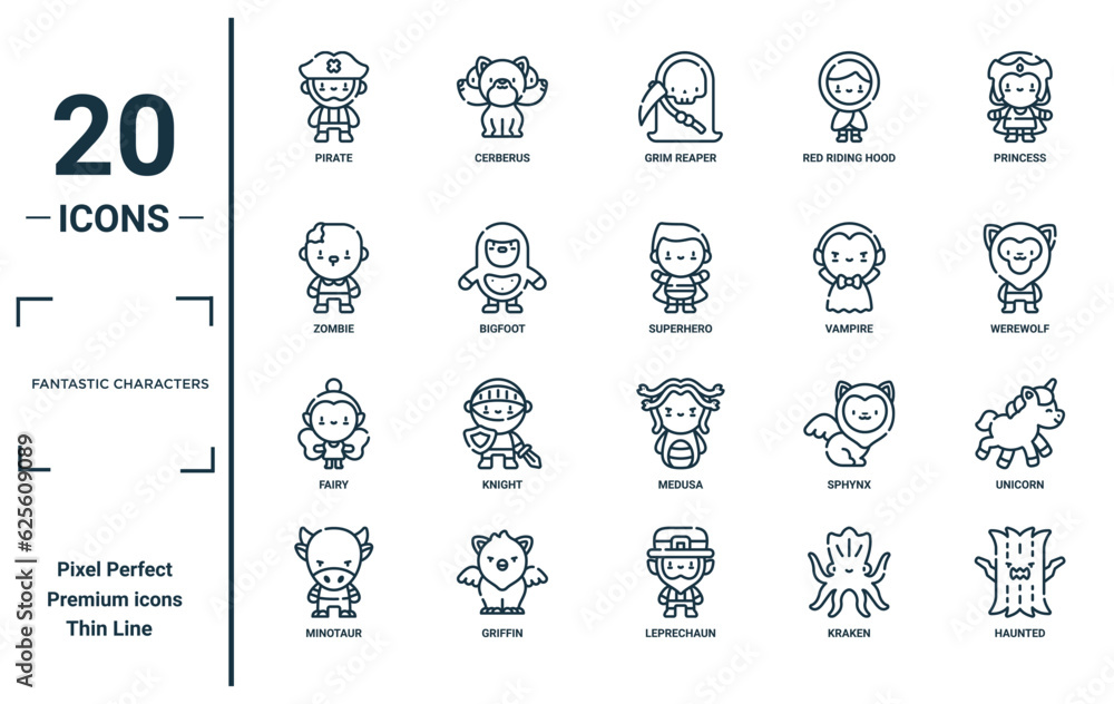 fantastic characters linear icon set. includes thin line pirate, zombie, fairy, minotaur, haunted, superhero, unicorn icons for report, presentation, diagram, web design