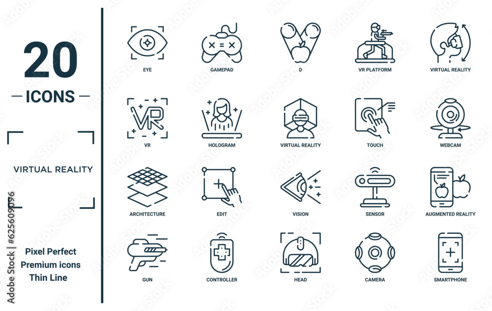 virtual reality linear icon set. includes thin line eye, vr, architecture, gun, smartphone, virtual reality, augmented reality icons for report, presentation, diagram, web design