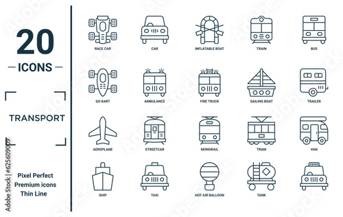 transport linear icon set. includes thin line race car, go kart, aeroplane, ship, , fire truck, van icons for report, presentation, diagram, web design