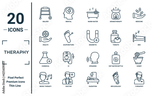 theraphy linear icon set. includes thin line walker, health, chemical, music therapy, therapist, magnetic, honey icons for report, presentation, diagram, web design