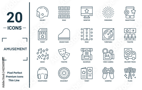 amusement linear icon set. includes thin line helmet, ticket, music, headphones, flags, road, delivery truck icons for report, presentation, diagram, web design