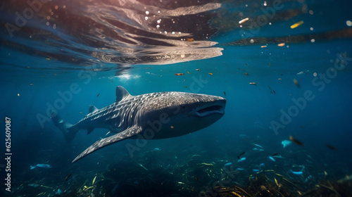 A large whale shark swimming near the surface of the sea.