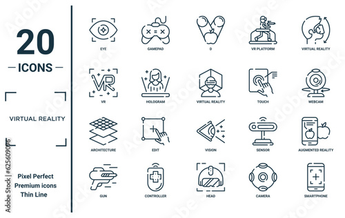 virtual reality linear icon set. includes thin line eye, vr, architecture, gun, smartphone, virtual reality, augmented reality icons for report, presentation, diagram, web design