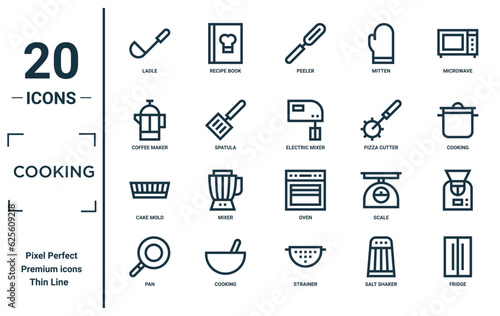 cooking linear icon set. includes thin line ladle, coffee maker, cake mold, pan, fridge, electric mixer, icons for report, presentation, diagram, web design