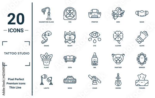 tattoo studio linear icon set. includes thin line magnifying glass, snake, plant, lights, tissues, eye, mirror icons for report, presentation, diagram, web design
