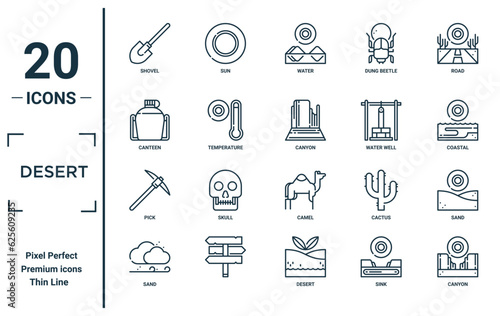 desert linear icon set. includes thin line shovel, canteen, pick, sand, canyon, canyon, sand icons for report, presentation, diagram, web design