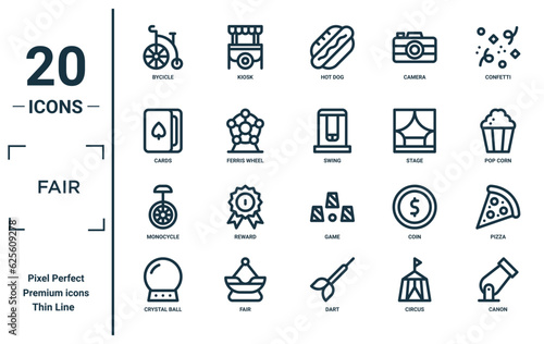 fair linear icon set. includes thin line bycicle, cards, monocycle, crystal ball, canon, swing, pizza icons for report, presentation, diagram, web design