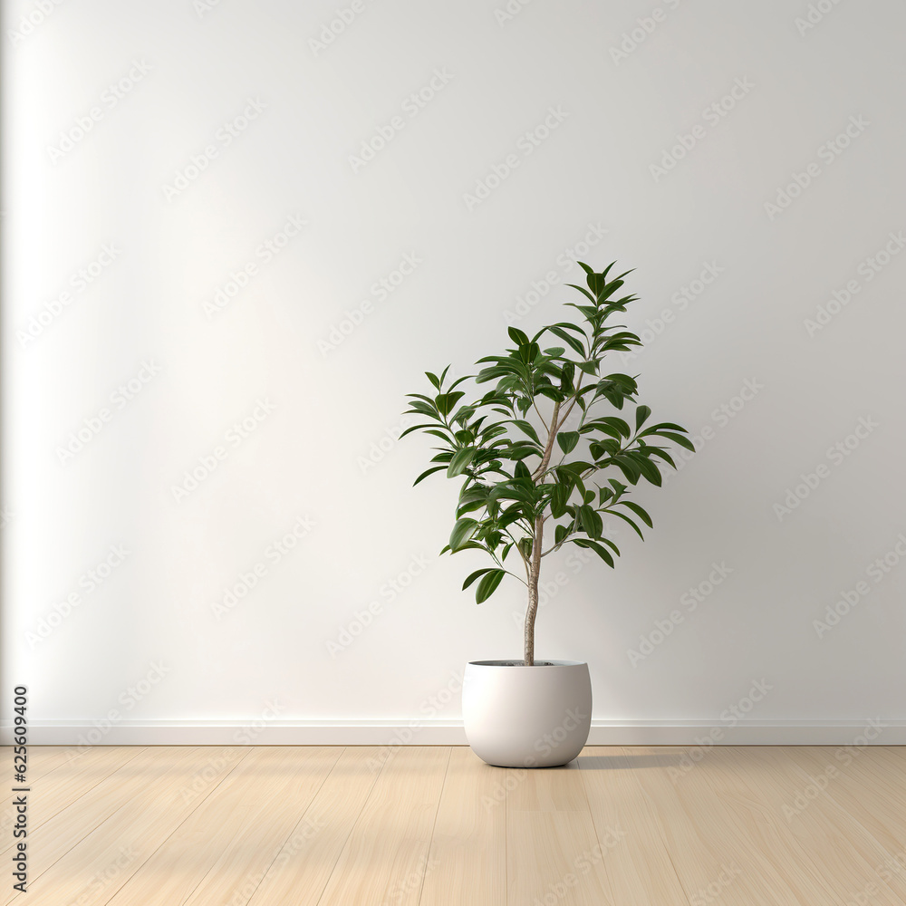 3D rendering White wall mockup, plant and wood floor 3D rendering White wall mockup, plant and wood floor
