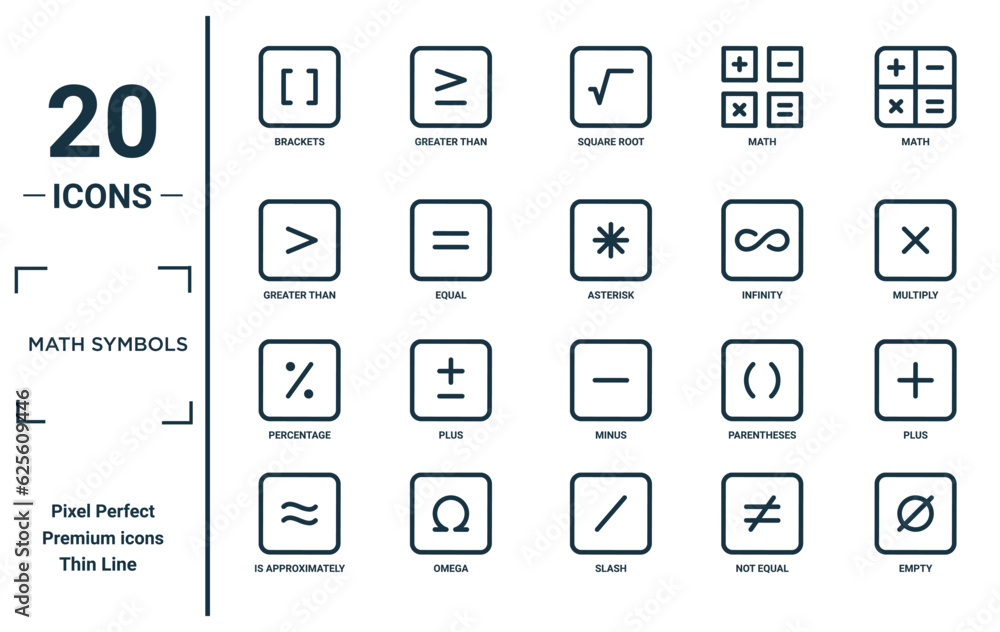 math symbols linear icon set. includes thin line brackets, greater than, percentage, is approximately equal to, empty, asterisk, plus icons for report, presentation, diagram, web design math symbols linear icon set. includes thin line brackets, greater than, percentage, is approximately equal to, empty, asterisk, plus icons for report, presentation, diagram, web design