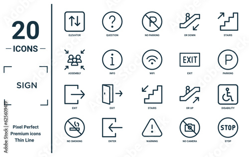 sign linear icon set. includes thin line elevator, assembly, exit, no smoking, stop, wifi, disability icons for report, presentation, diagram, web design