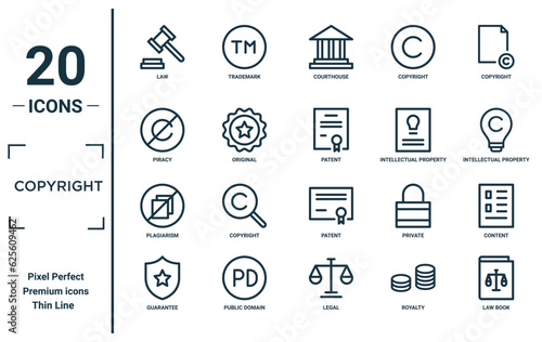 copyright linear icon set. includes thin line law, piracy, plagiarism, guarantee, law book, patent, content icons for report, presentation, diagram, web design