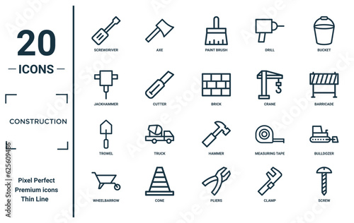 construction linear icon set. includes thin line screwdriver, jackhammer, trowel, wheelbarrow, screw, brick, bulldozer icons for report, presentation, diagram, web design