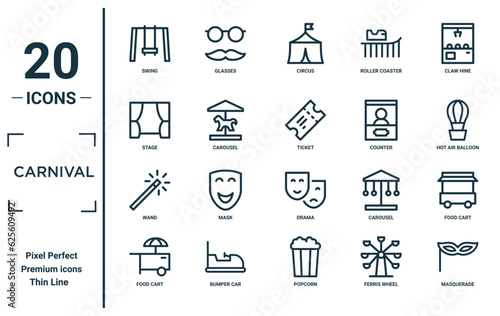 carnival linear icon set. includes thin line swing, stage, wand, food cart, masquerade, ticket, food cart icons for report, presentation, diagram, web design