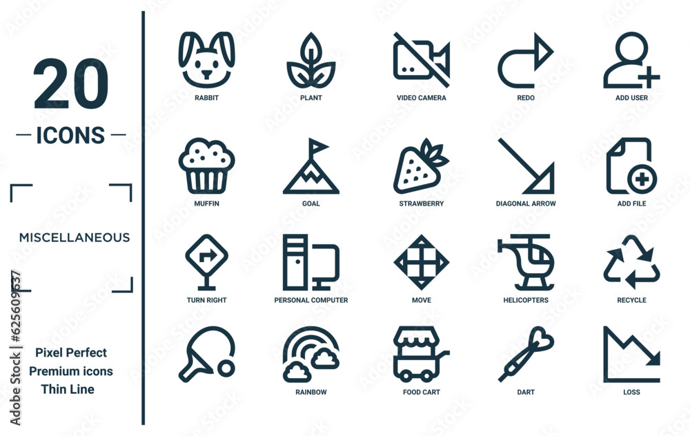 miscellaneous linear icon set. includes thin line rabbit, muffin, turn right, , loss, strawberry, recycle icons for report, presentation, diagram, web design