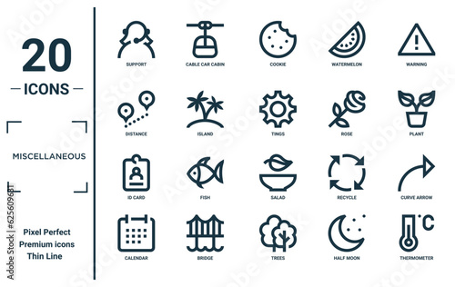 miscellaneous linear icon set. includes thin line support, distance, id card, calendar, thermometer, tings, curve arrow icons for report, presentation, diagram, web design
