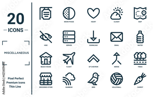 miscellaneous linear icon set. includes thin line , hide, beach house, groceries store, carrot, download, trees icons for report, presentation, diagram, web design