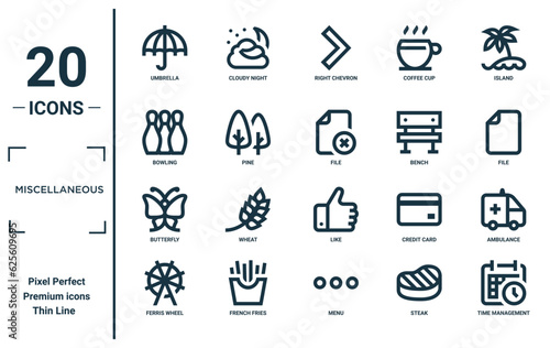miscellaneous linear icon set. includes thin line umbrella, bowling, butterfly, ferris wheel, time management, file, ambulance icons for report, presentation, diagram, web design