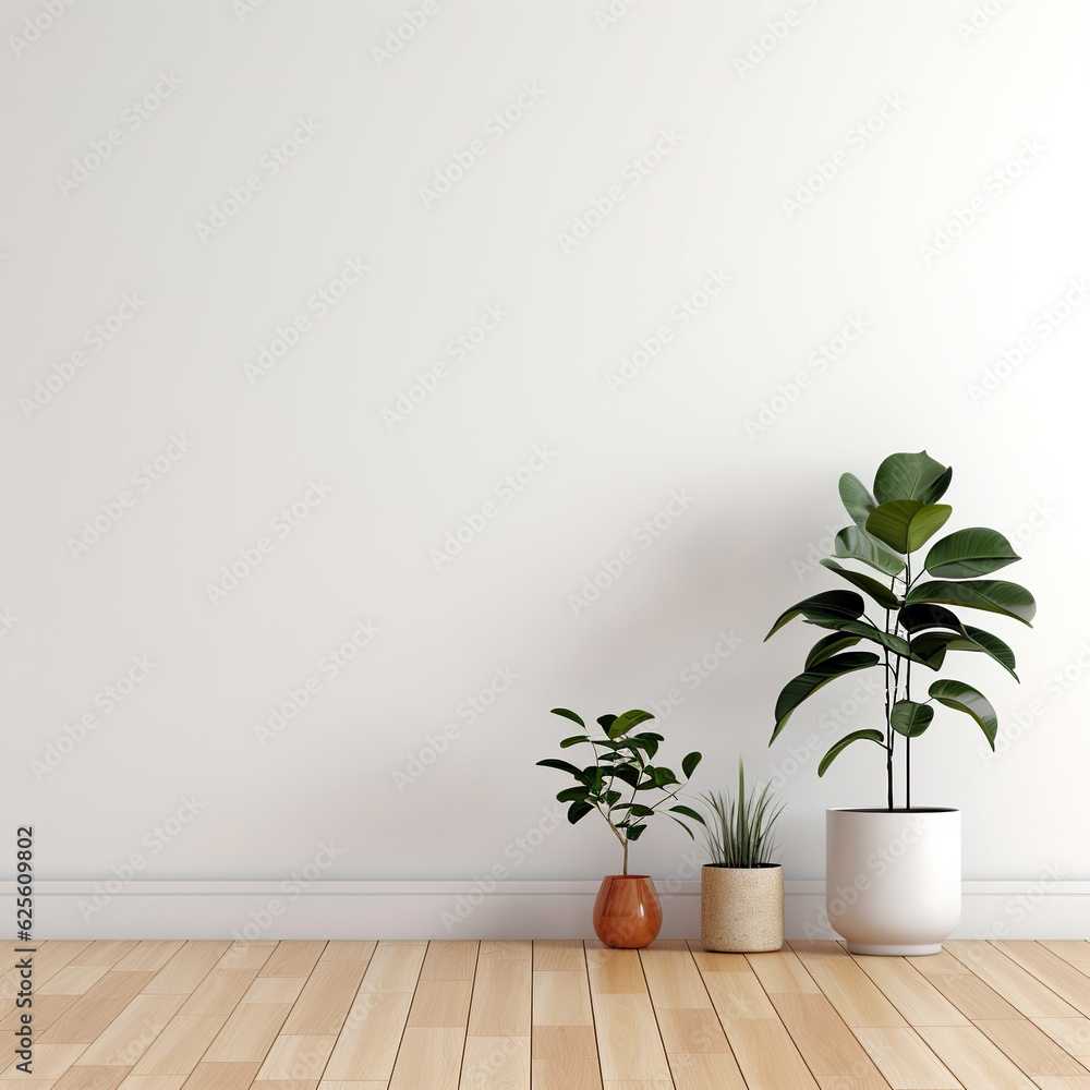 3D rendering White wall mockup, plant and wood floor 3D rendering White wall mockup, plant and wood floor