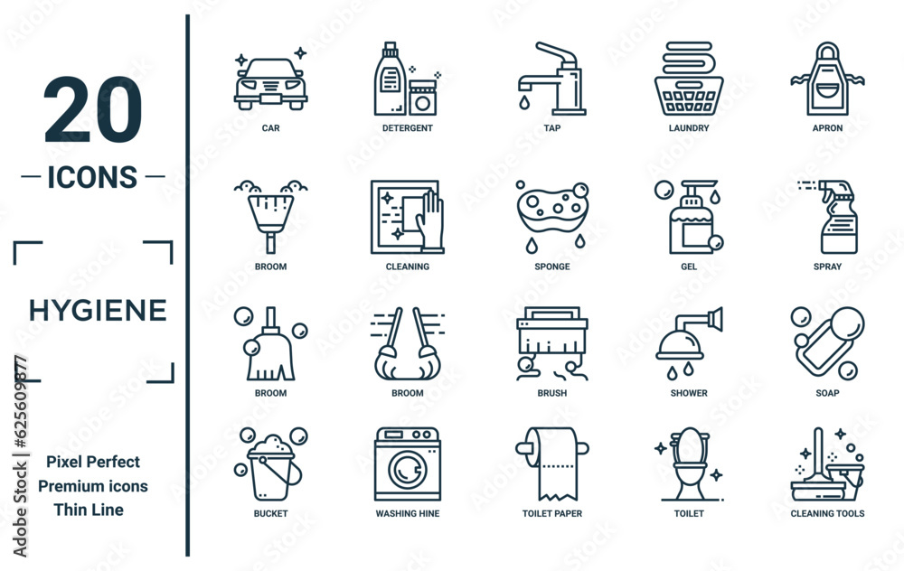 hygiene linear icon set. includes thin line car, broom, broom, bucket ...