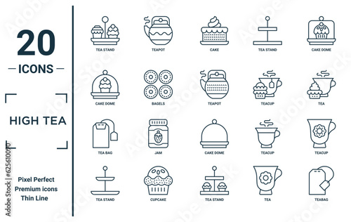 high tea linear icon set. includes thin line tea stand, cake dome, tea bag, stand, teabag, teapot, teacup icons for report, presentation, diagram, web design