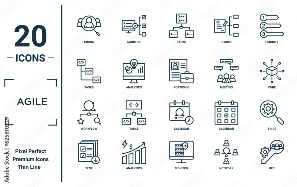 agile linear icon set. includes thin line hiring, tasks, workflow, test, key, portfolio, tings icons for report, presentation, diagram, web design